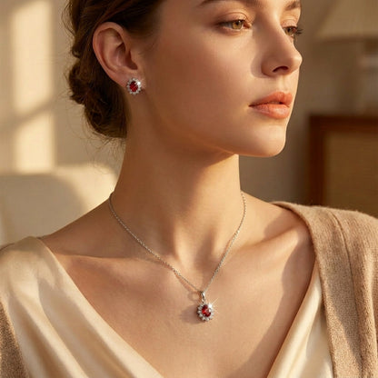 Silver Ruby Floral Jewelry Set